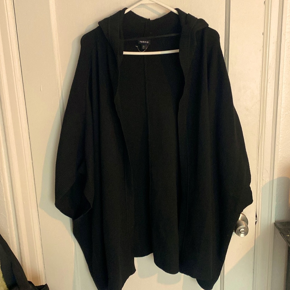 Torrid Hooded sweater with front pockets , cape draping.